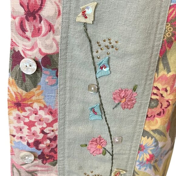 Susan Bristol Multicolor Patchwork Floral Linen Cotton Button Front Vest Small - Picture 11 of 13